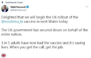 İngiltere Sağlık Bakanı: Moderna aşısının dağıtımına Galler’de başlanacak