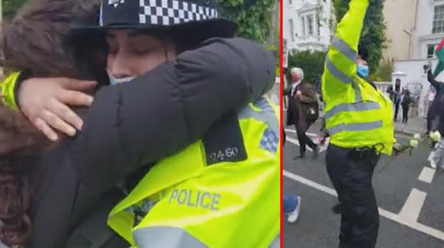 İngiltere’de polis memuru, durdurmak için gittiği Filistin yanlısı protestoculara katıldı